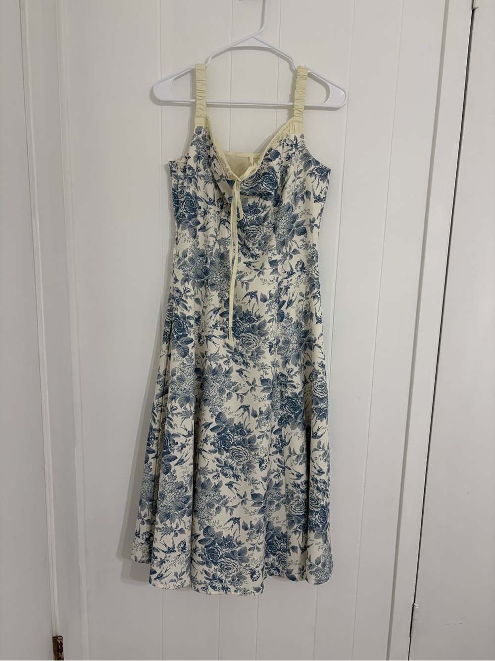Cream Midi Dress with Blue Floral Print and Tie Front